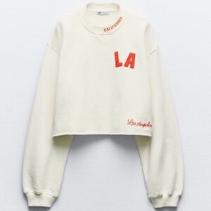 Zara White LA Embroidered Women's Oversized Cropped Sweater size Large